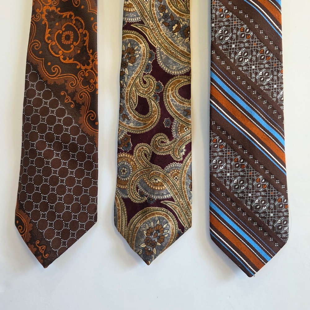 Vintage 70s Mens Tie Lot Van Heusen JCPenney Paisley Geometric Striped Brown 3pc